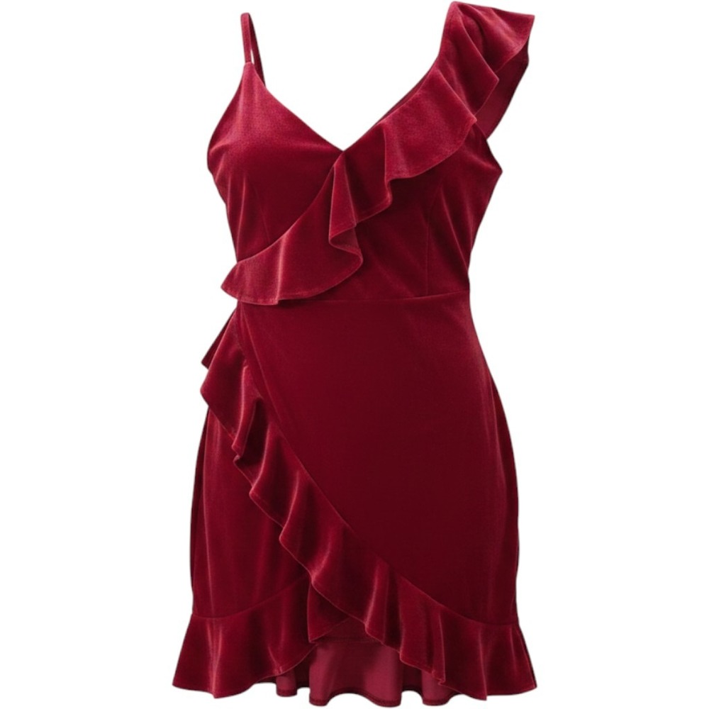 Express Diva Red Ruffle One Shoulder Velvet Mini Dress Small Holiday Cocktail‎